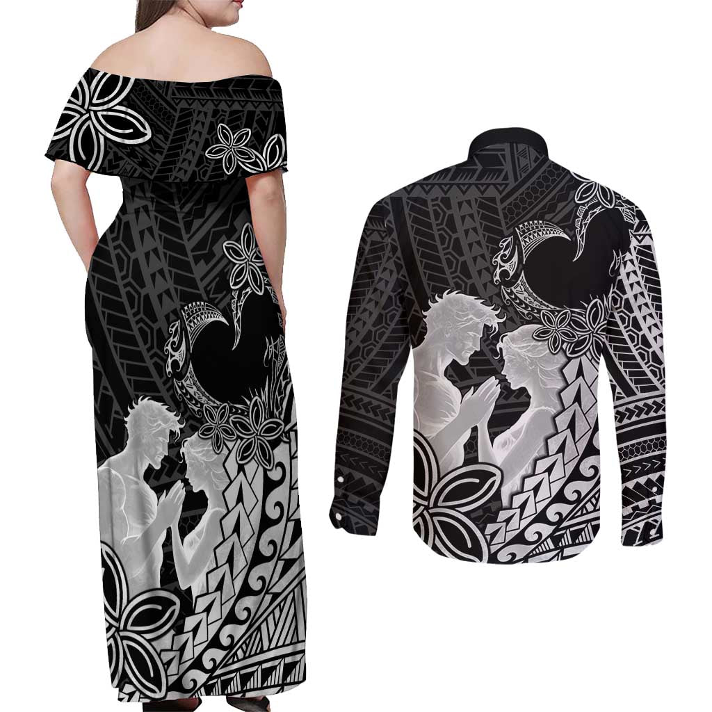 Alofa Samoa Valentine Black Couples Matching Off Shoulder Maxi Dress and Long Sleeve Button Shirt Love Is The Greatest Thing