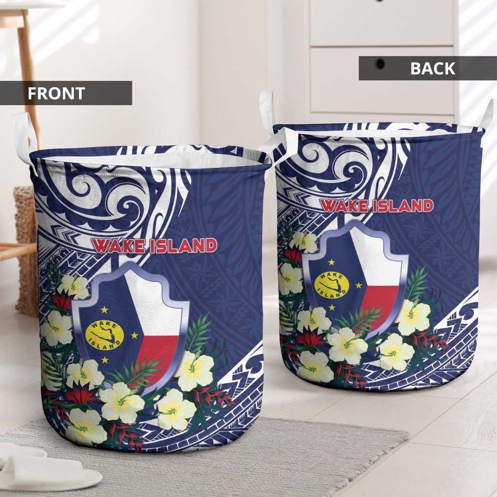 Wake Island Laundry Basket Tribal Pattern With Hibiscus Flowers
