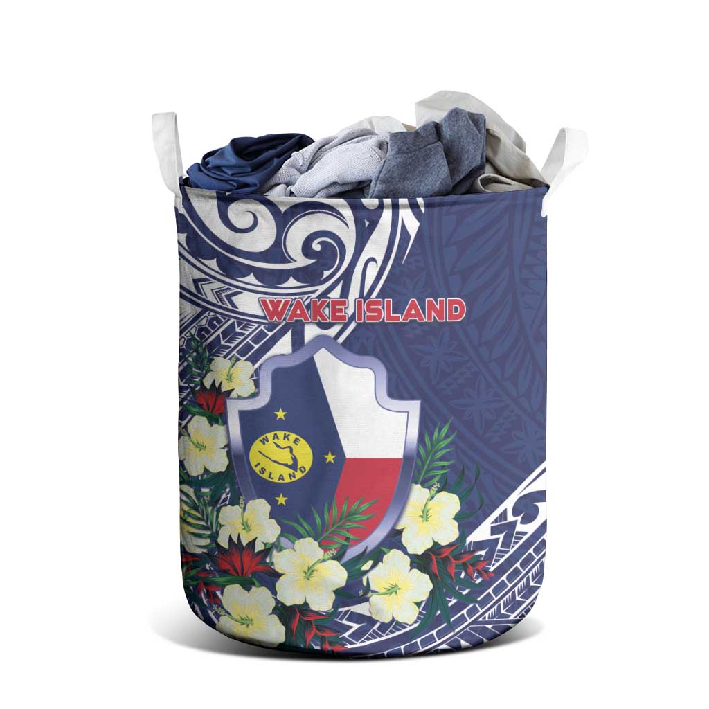 Wake Island Laundry Basket Tribal Pattern With Hibiscus Flowers