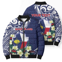 Personalised Wake Island Bomber Puffer Jacket Tribal Pattern With Hibiscus Flowers