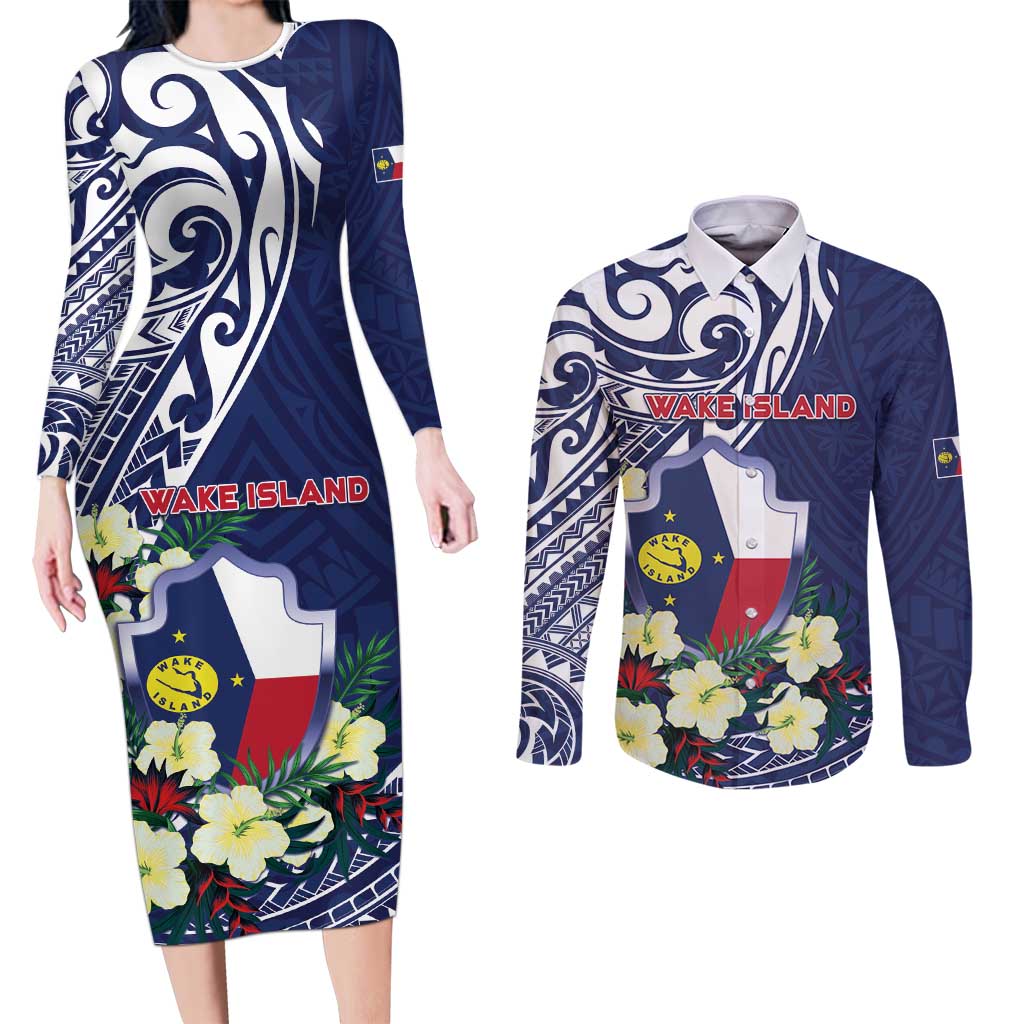Personalised Wake Island Couples Matching Long Sleeve Bodycon Dress and Long Sleeve Button Shirt Tribal Pattern With Hibiscus Flowers