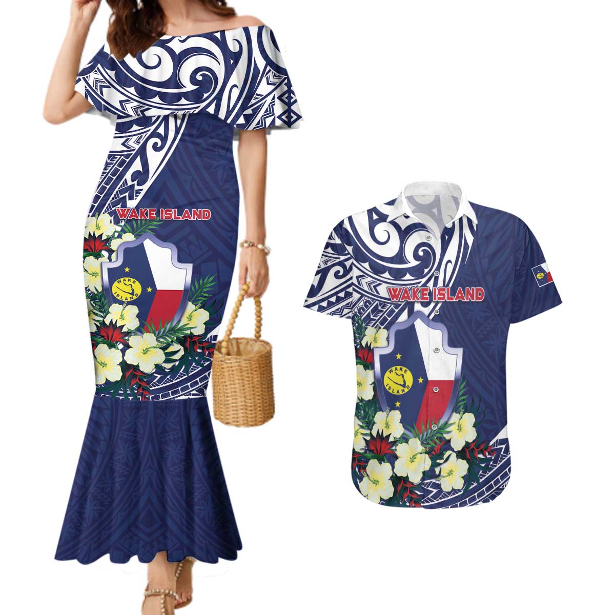 Personalised Wake Island Couples Matching Mermaid Dress and Hawaiian Shirt Tribal Pattern With Hibiscus Flowers LT05 Blue - Polynesian Pride