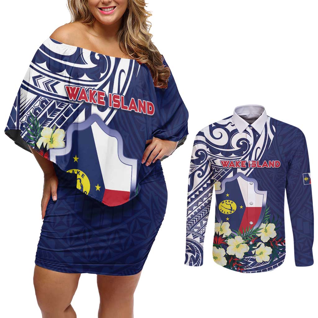 Personalised Wake Island Couples Matching Off Shoulder Short Dress and Long Sleeve Button Shirt Tribal Pattern With Hibiscus Flowers LT05 Blue - Polynesian Pride