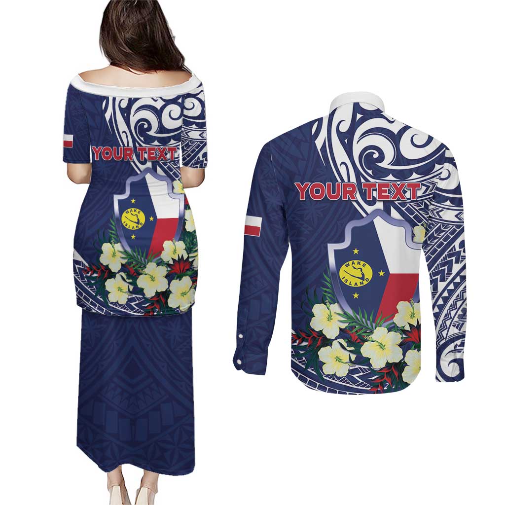 Personalised Wake Island Couples Matching Puletasi and Long Sleeve Button Shirt Tribal Pattern With Hibiscus Flowers