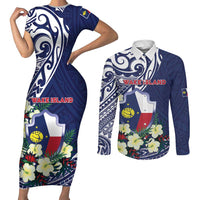 Personalised Wake Island Couples Matching Short Sleeve Bodycon Dress and Long Sleeve Button Shirt Tribal Pattern With Hibiscus Flowers