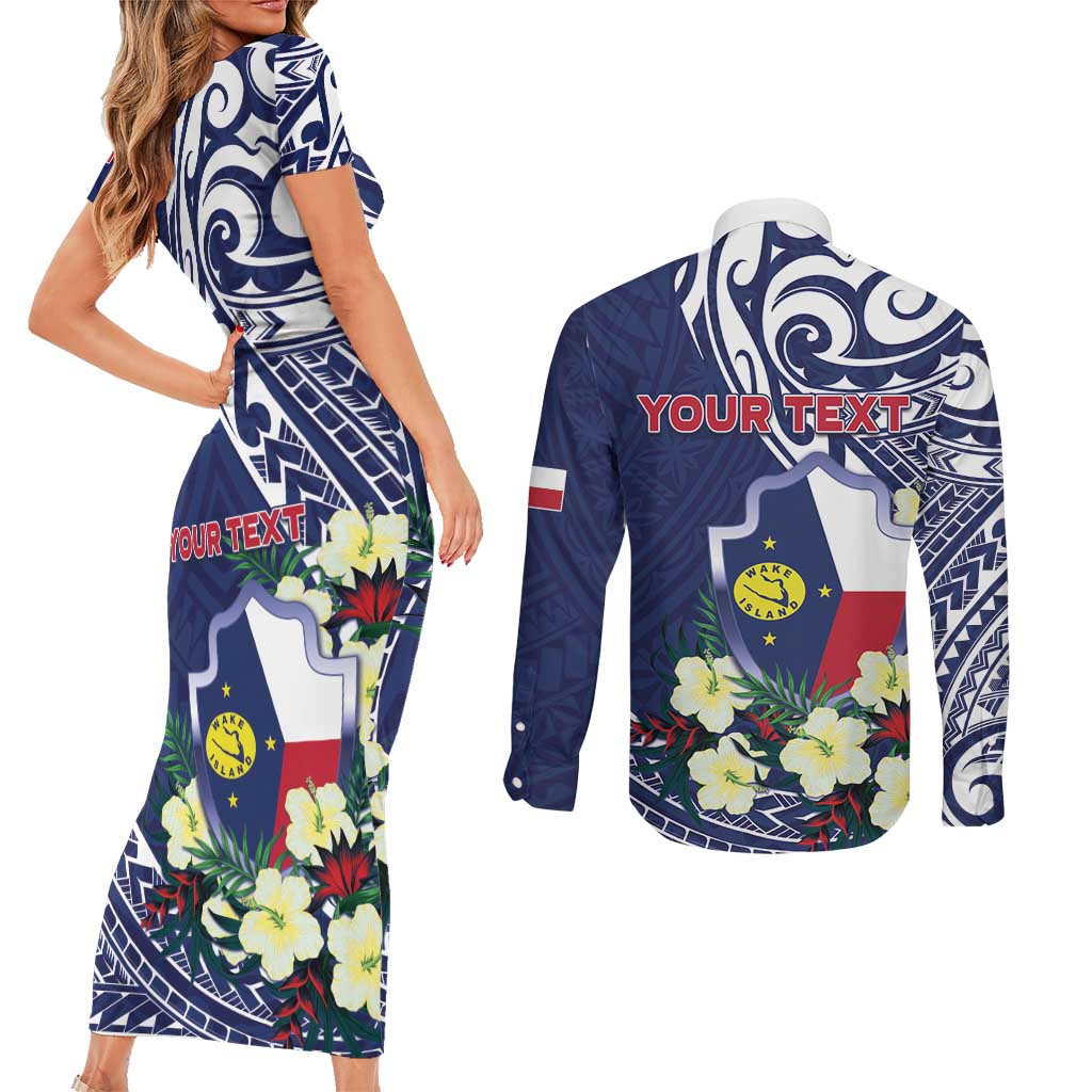 Personalised Wake Island Couples Matching Short Sleeve Bodycon Dress and Long Sleeve Button Shirt Tribal Pattern With Hibiscus Flowers