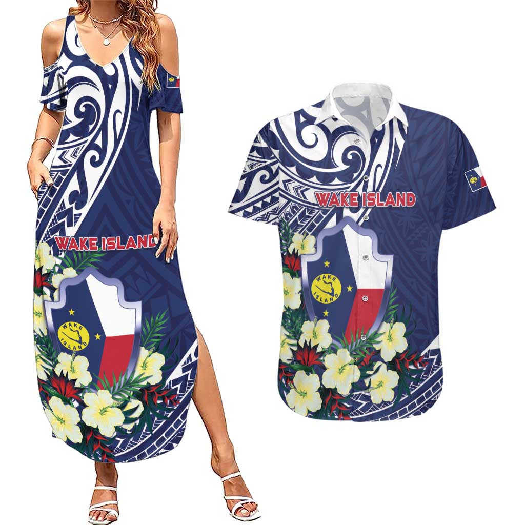 Personalised Wake Island Couples Matching Summer Maxi Dress and Hawaiian Shirt Tribal Pattern With Hibiscus Flowers LT05 Blue - Polynesian Pride