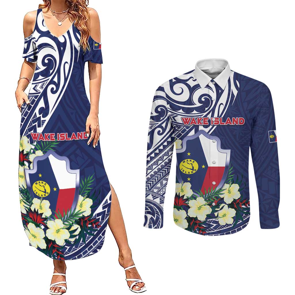 Personalised Wake Island Couples Matching Summer Maxi Dress and Long Sleeve Button Shirt Tribal Pattern With Hibiscus Flowers LT05 Blue - Polynesian Pride
