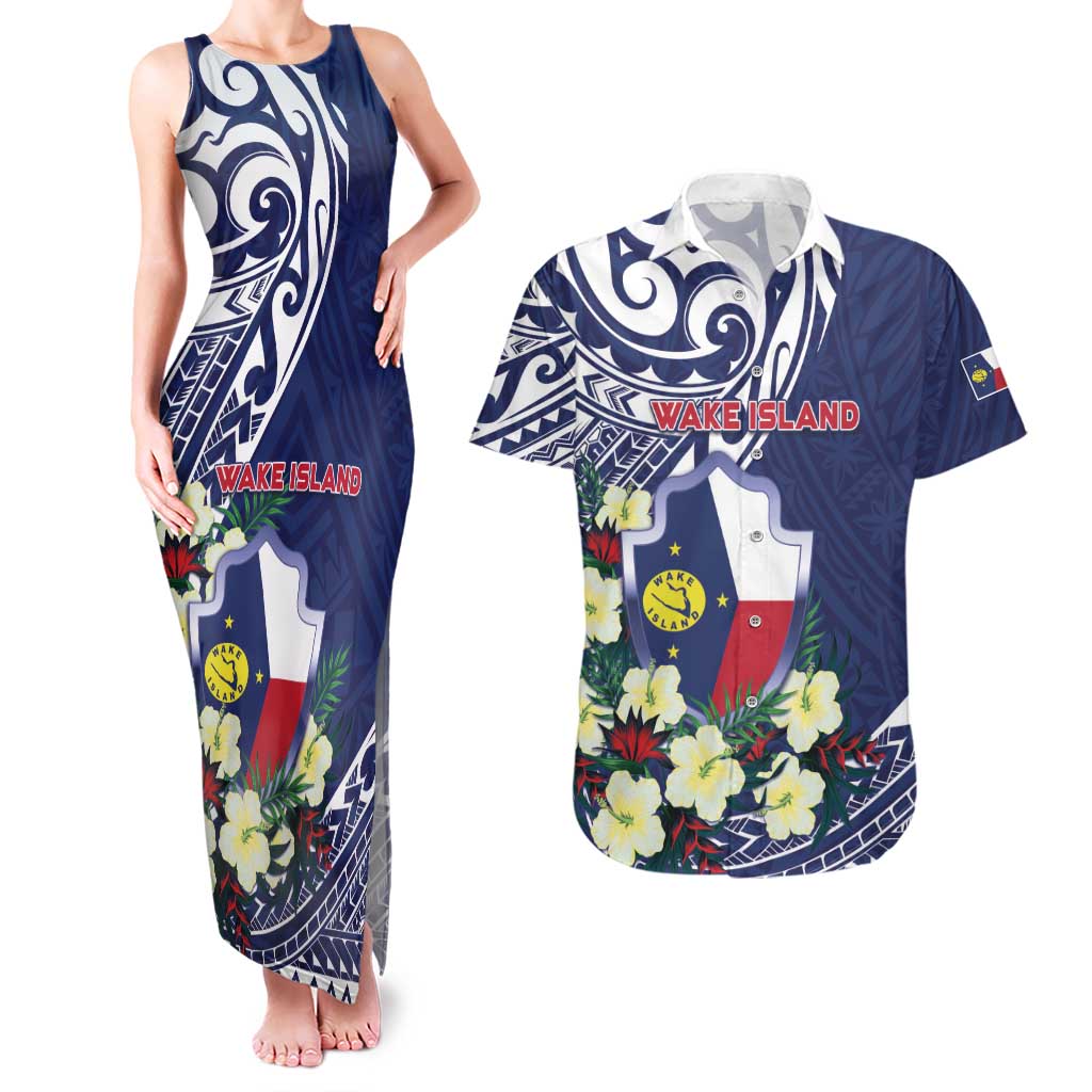 Personalised Wake Island Couples Matching Tank Maxi Dress and Hawaiian Shirt Tribal Pattern With Hibiscus Flowers