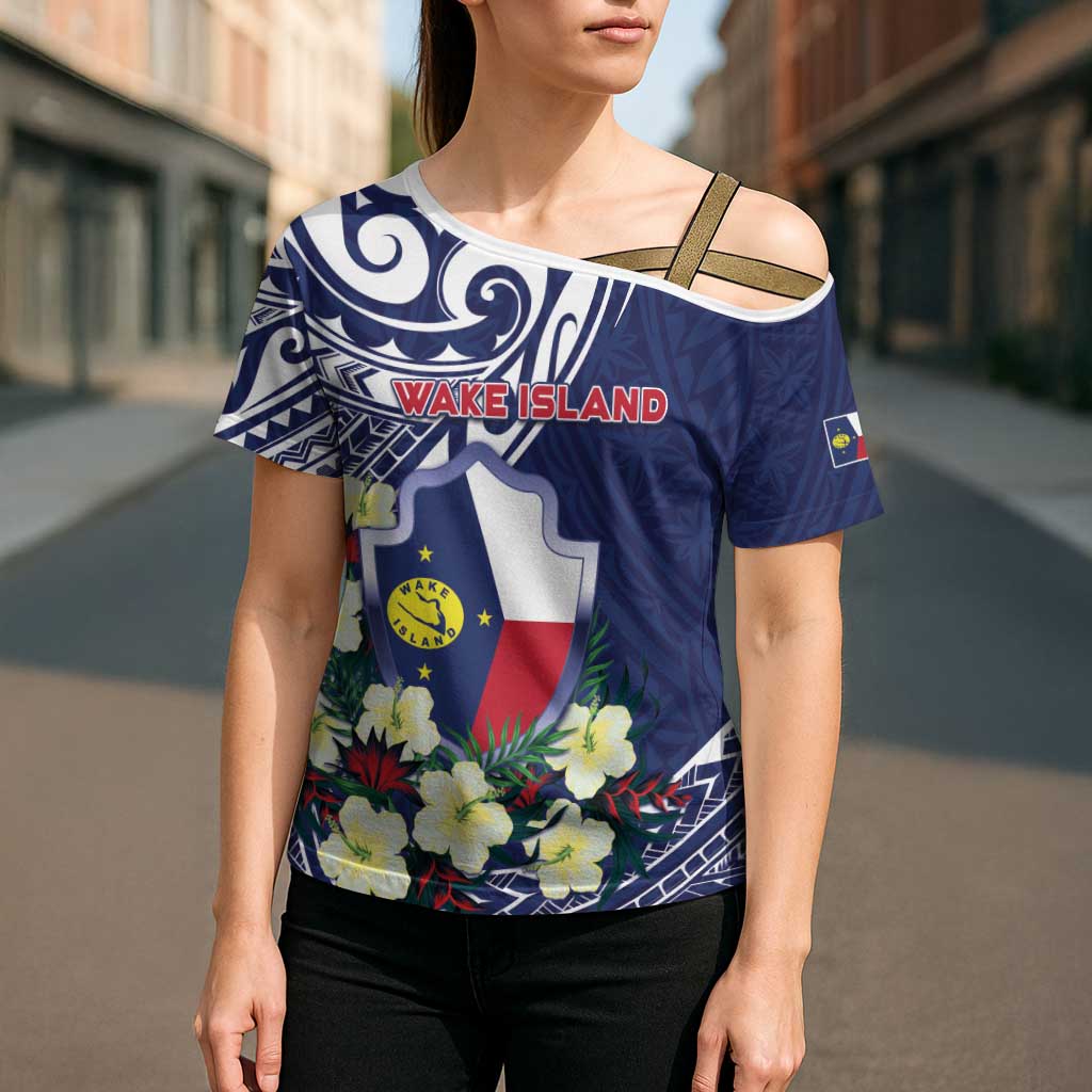 Personalised Wake Island Cross Shoulder Shirt Tribal Pattern With Hibiscus Flowers