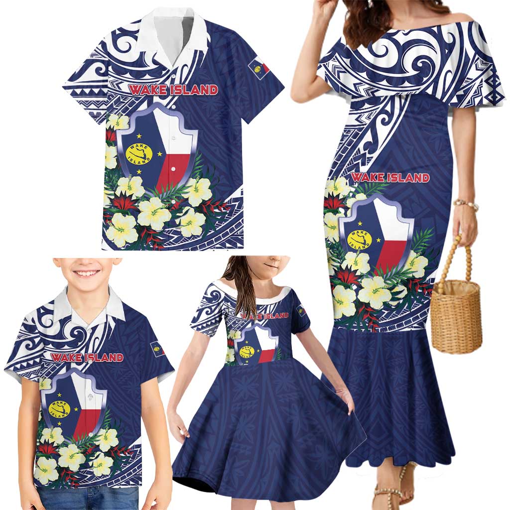 Personalised Wake Island Family Matching Mermaid Dress and Hawaiian Shirt Tribal Pattern With Hibiscus Flowers