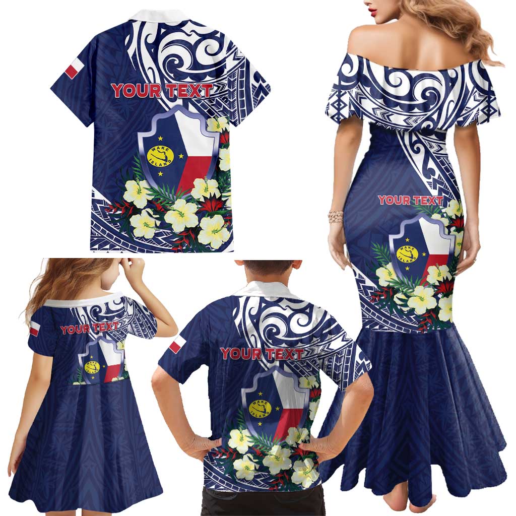 Personalised Wake Island Family Matching Mermaid Dress and Hawaiian Shirt Tribal Pattern With Hibiscus Flowers