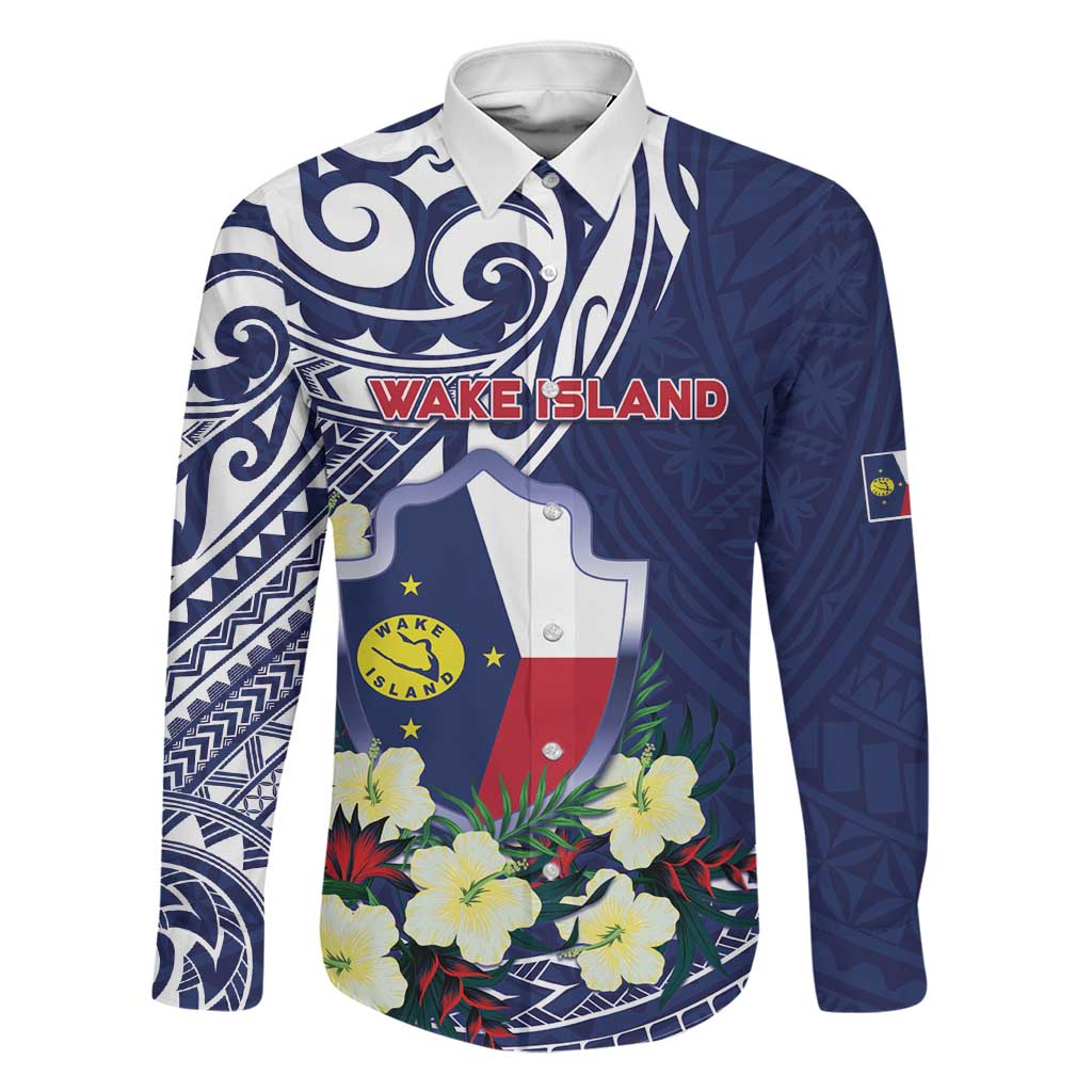 Personalised Wake Island Family Matching Off The Shoulder Long Sleeve Dress and Hawaiian Shirt Tribal Pattern With Hibiscus Flowers