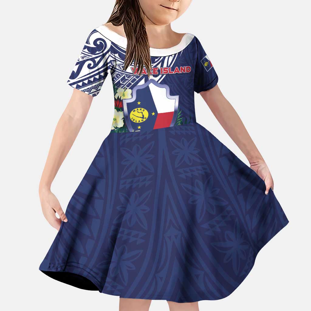 Personalised Wake Island Family Matching Off Shoulder Short Dress and Hawaiian Shirt Tribal Pattern With Hibiscus Flowers