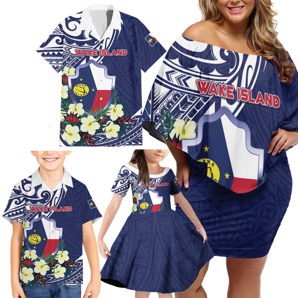 Personalised Wake Island Family Matching Off Shoulder Short Dress and Hawaiian Shirt Tribal Pattern With Hibiscus Flowers