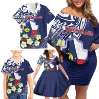 Personalised Wake Island Family Matching Off Shoulder Short Dress and Hawaiian Shirt Tribal Pattern With Hibiscus Flowers