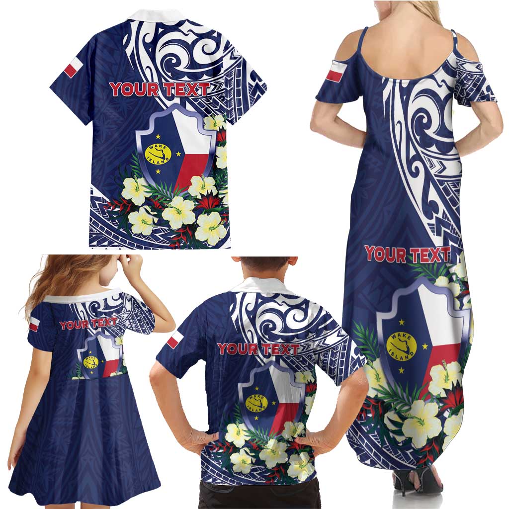Personalised Wake Island Family Matching Summer Maxi Dress and Hawaiian Shirt Tribal Pattern With Hibiscus Flowers