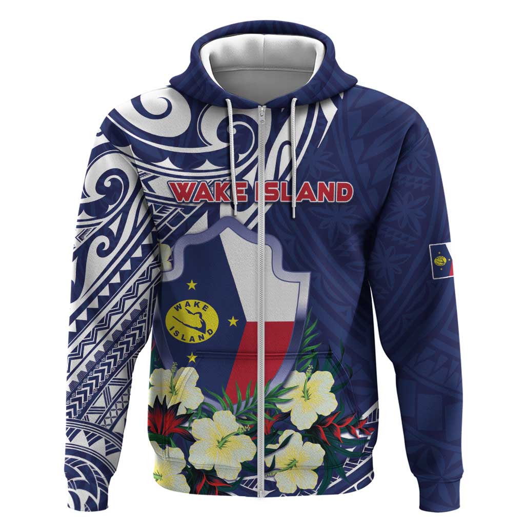 Personalised Wake Island Hoodie Tribal Pattern With Hibiscus Flowers