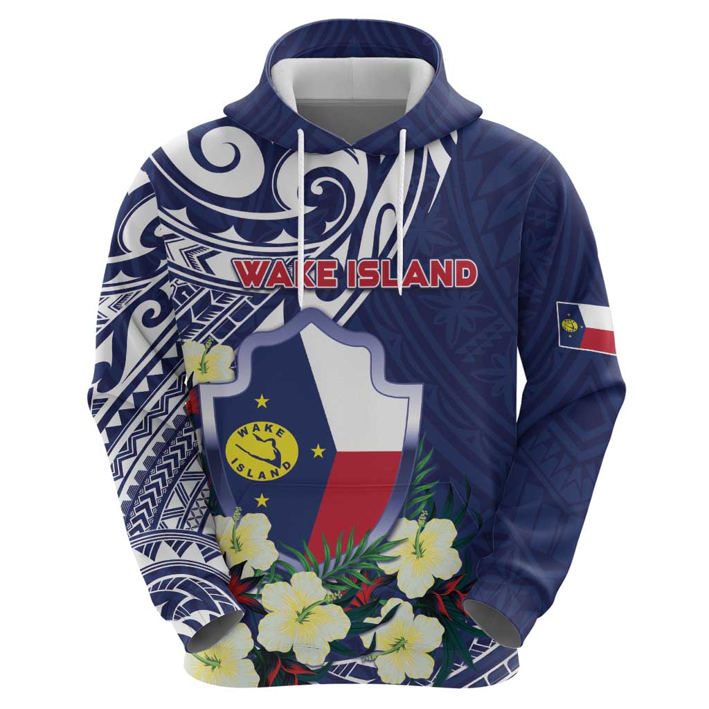 Personalised Wake Island Hoodie Tribal Pattern With Hibiscus Flowers