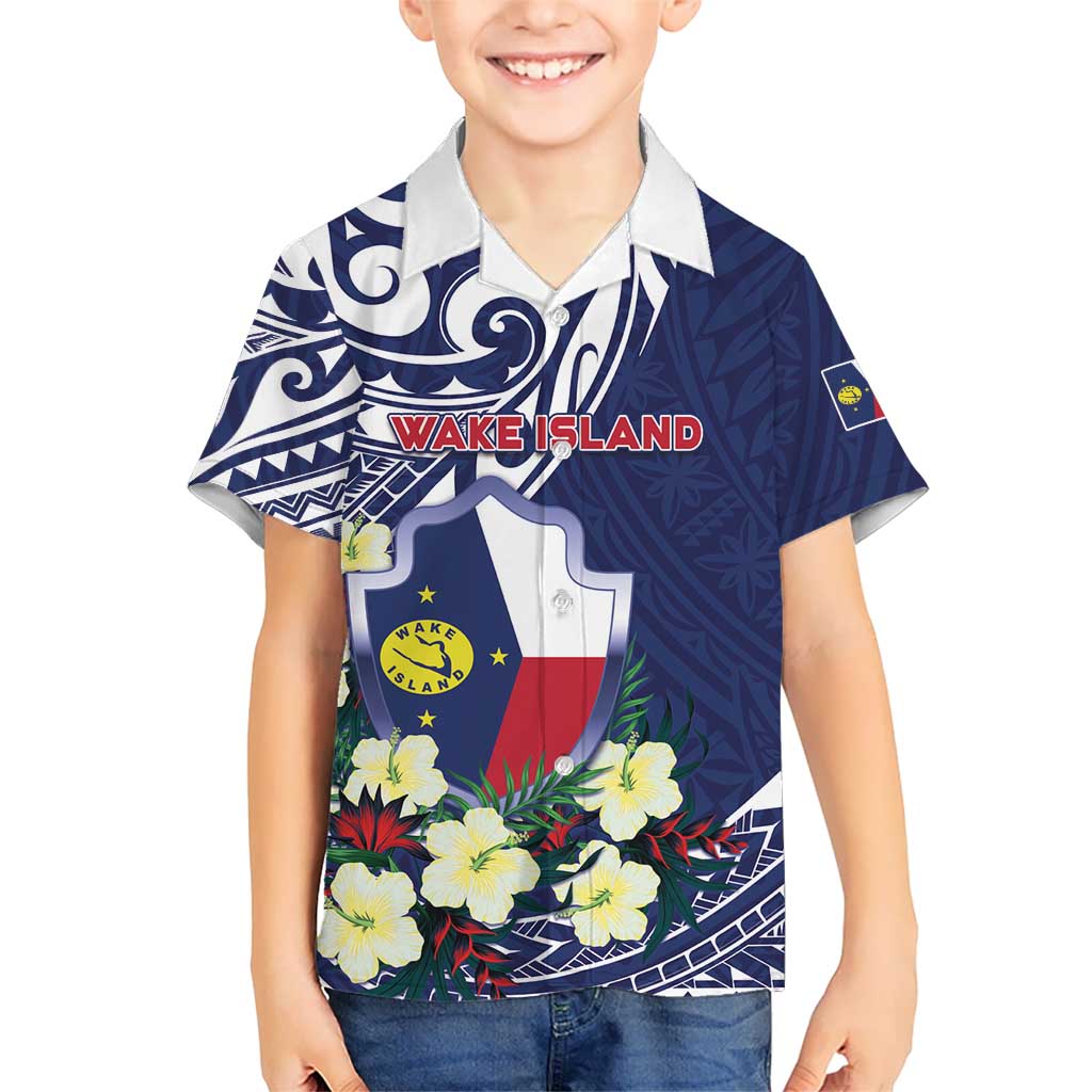 Personalised Wake Island Kid Hawaiian Shirt Tribal Pattern With Hibiscus Flowers LT05 Kid Blue - Polynesian Pride