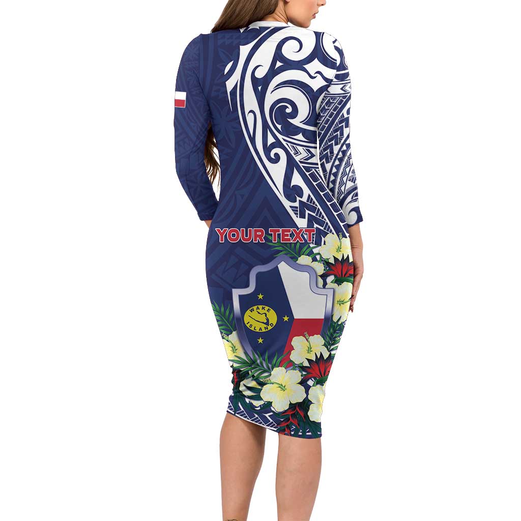 Personalised Wake Island Long Sleeve Bodycon Dress Tribal Pattern With Hibiscus Flowers