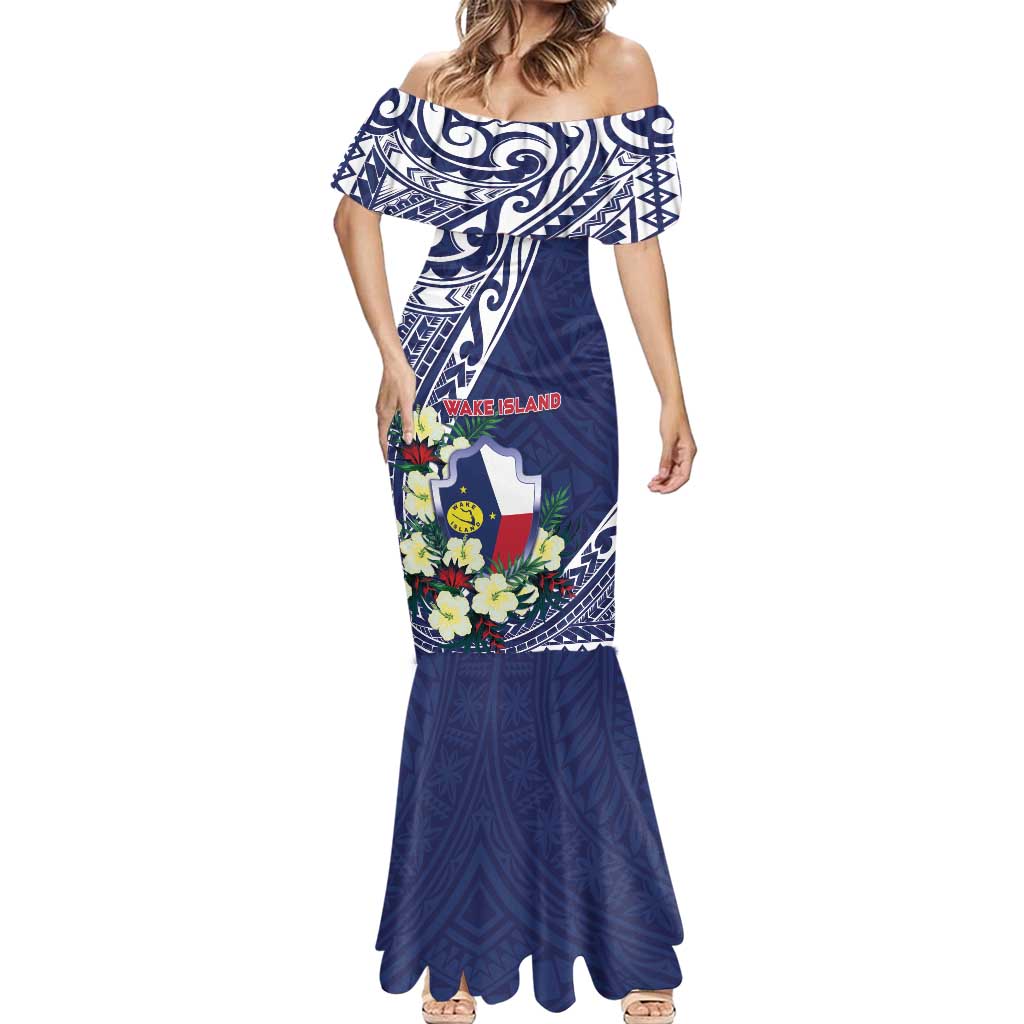Personalised Wake Island Mermaid Dress Tribal Pattern With Hibiscus Flowers