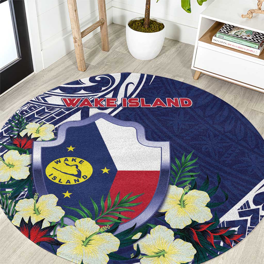 Wake Island Round Carpet Tribal Pattern With Hibiscus Flowers