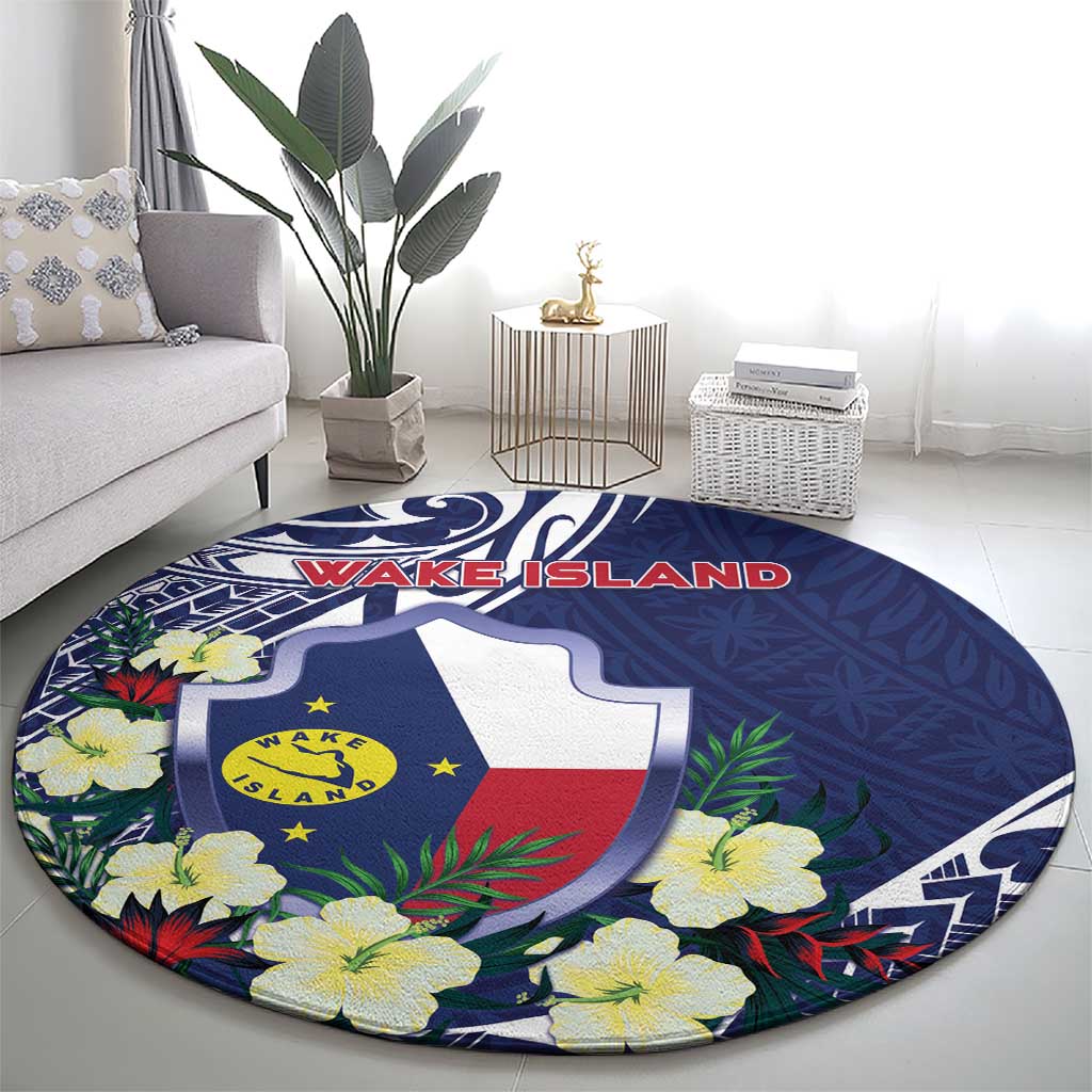 Wake Island Round Carpet Tribal Pattern With Hibiscus Flowers