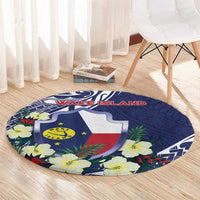 Wake Island Round Carpet Tribal Pattern With Hibiscus Flowers
