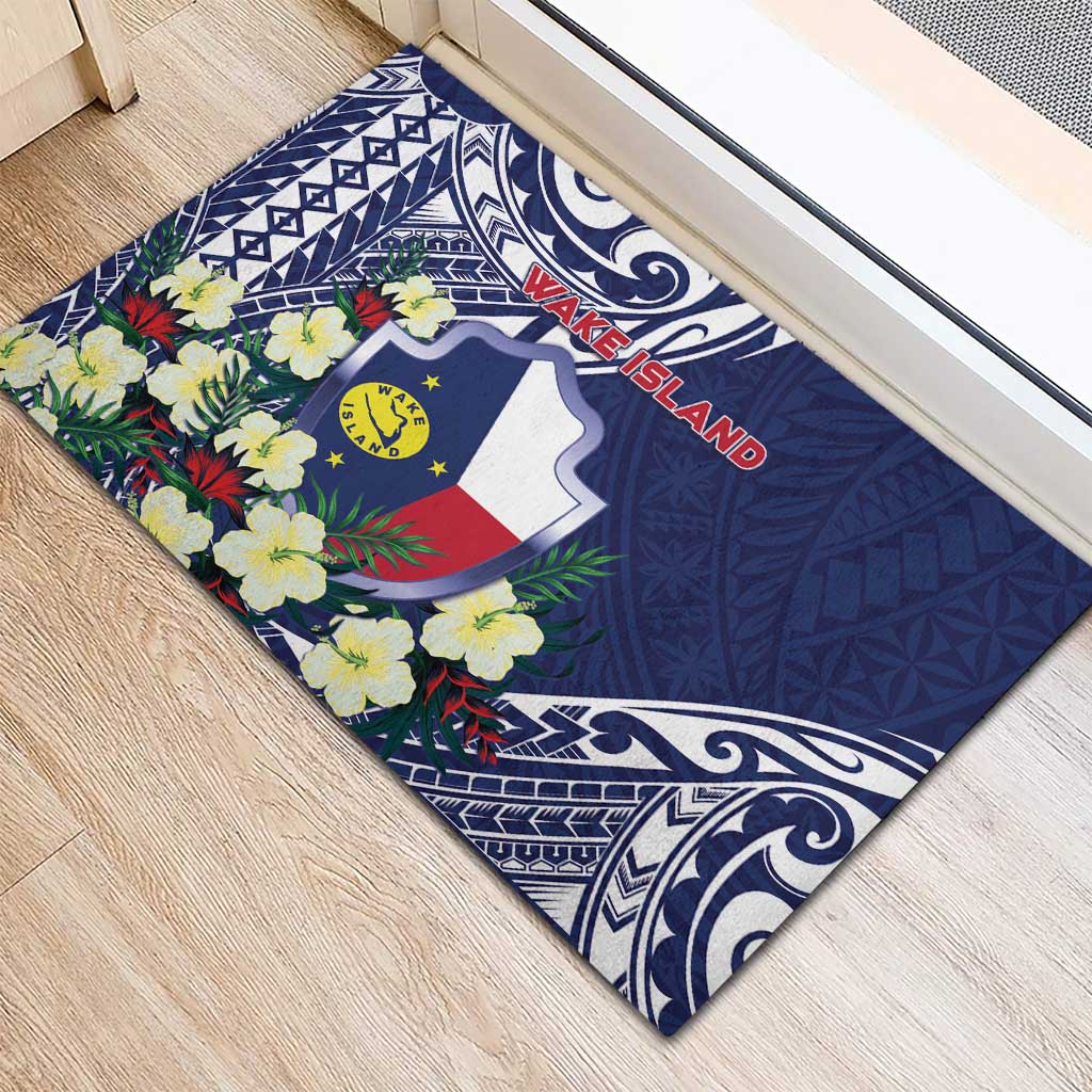 Wake Island Rubber Doormat Tribal Pattern With Hibiscus Flowers