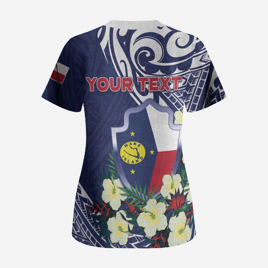 Personalised Wake Island Scrub Top Tribal Pattern With Hibiscus Flowers