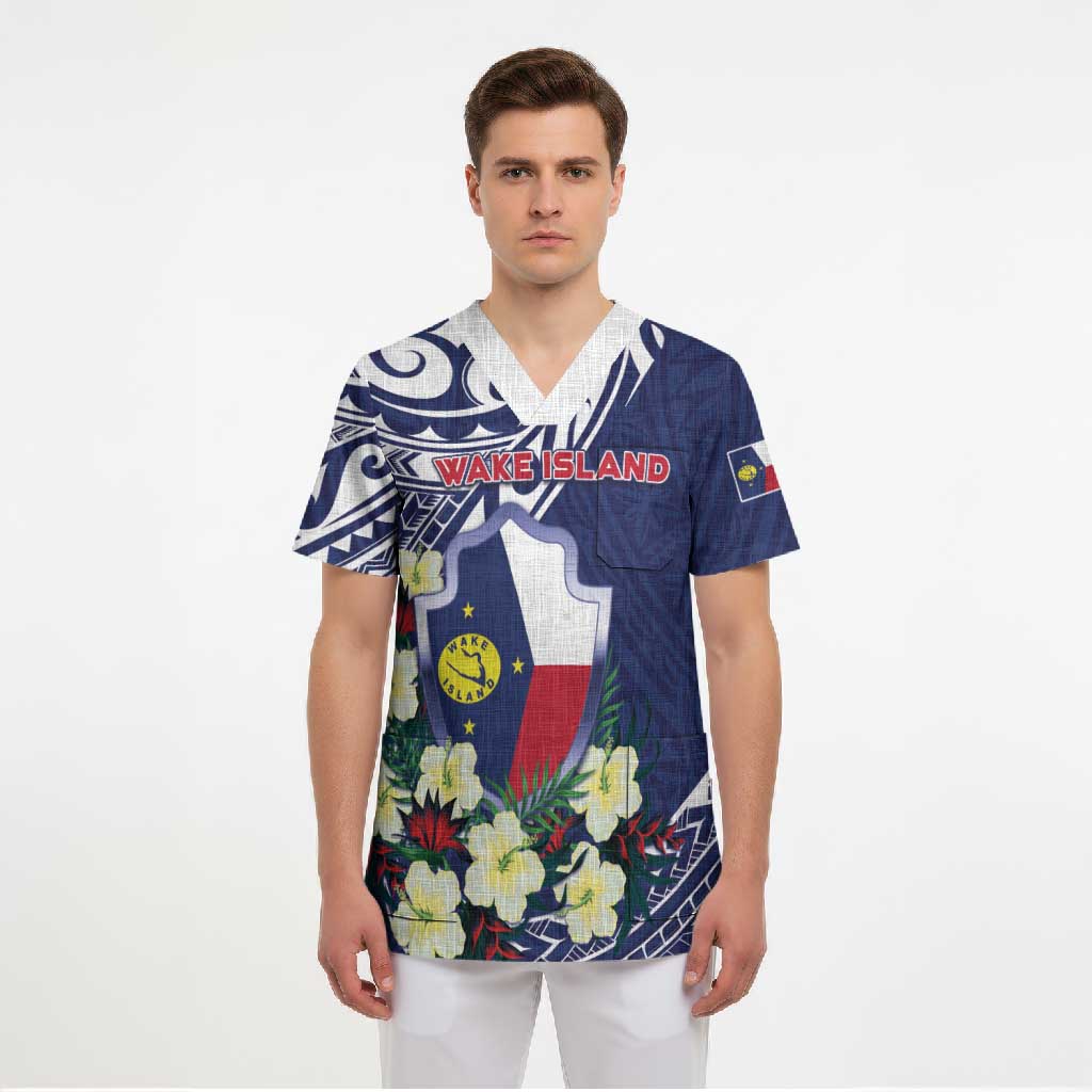 Personalised Wake Island Scrub Top Tribal Pattern With Hibiscus Flowers