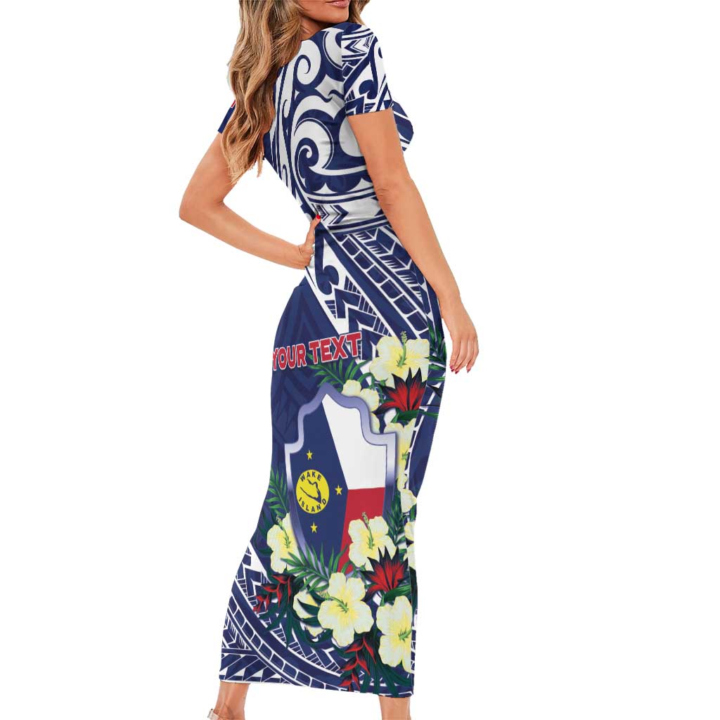 Personalised Wake Island Short Sleeve Bodycon Dress Tribal Pattern With Hibiscus Flowers