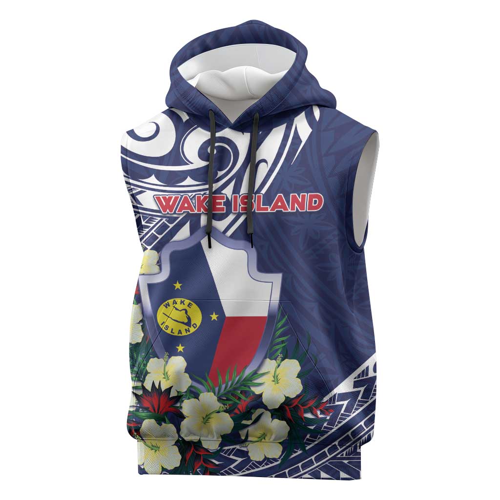 Personalised Wake Island Sleeveless Hoodie Tribal Pattern With Hibiscus Flowers LT05 Blue - Polynesian Pride