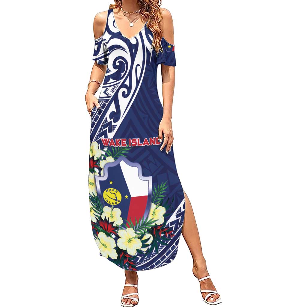 Personalised Wake Island Summer Maxi Dress Tribal Pattern With Hibiscus Flowers LT05 Women Blue - Polynesian Pride