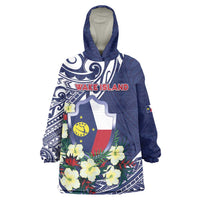 Personalised Wake Island Wearable Blanket Hoodie Tribal Pattern With Hibiscus Flowers