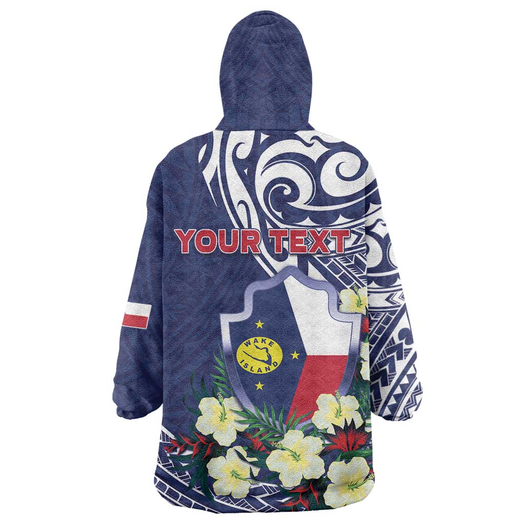 Personalised Wake Island Wearable Blanket Hoodie Tribal Pattern With Hibiscus Flowers