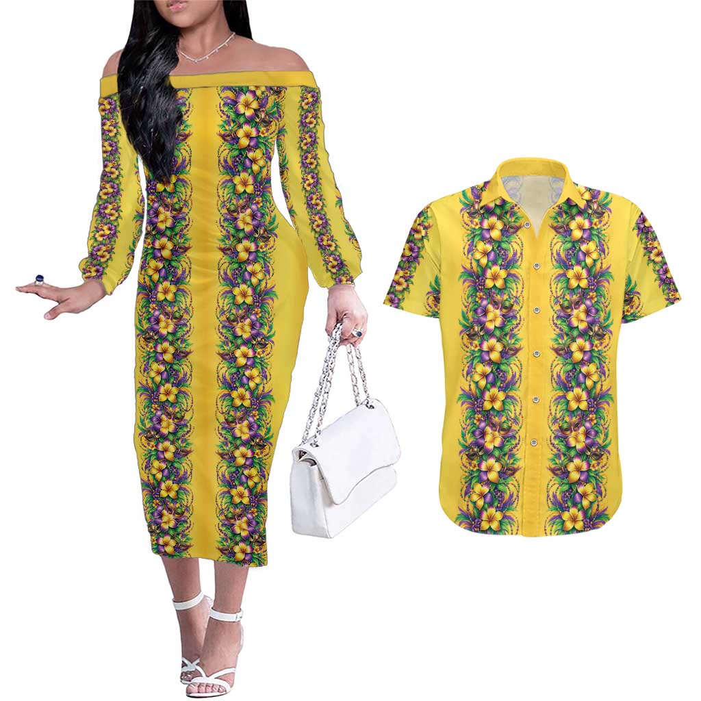 Aloha Hawaii Mardi Gras Couples Matching Off The Shoulder Long Sleeve Dress and Hawaiian Shirt Gold Style