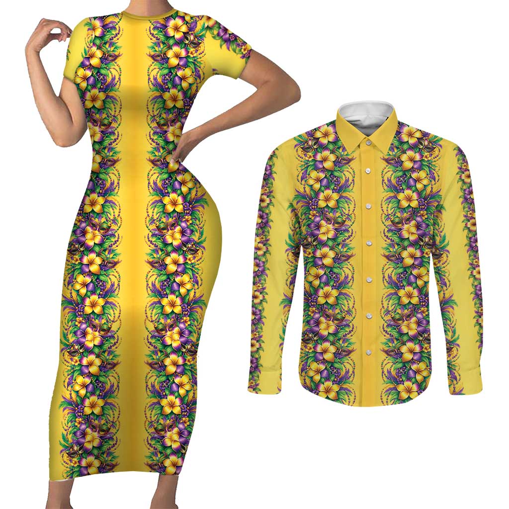 Aloha Hawaii Mardi Gras Couples Matching Short Sleeve Bodycon Dress and Long Sleeve Button Shirt Gold Style LT05 Gold - Polynesian Pride