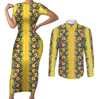 Aloha Hawaii Mardi Gras Couples Matching Short Sleeve Bodycon Dress and Long Sleeve Button Shirt Gold Style LT05 Gold - Polynesian Pride