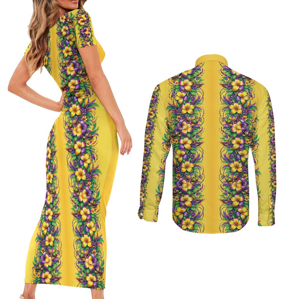 Aloha Hawaii Mardi Gras Couples Matching Short Sleeve Bodycon Dress and Long Sleeve Button Shirt Gold Style LT05 - Polynesian Pride