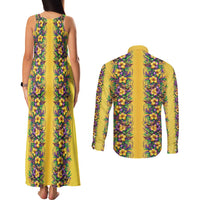 Aloha Hawaii Mardi Gras Couples Matching Tank Maxi Dress and Long Sleeve Button Shirt Gold Style