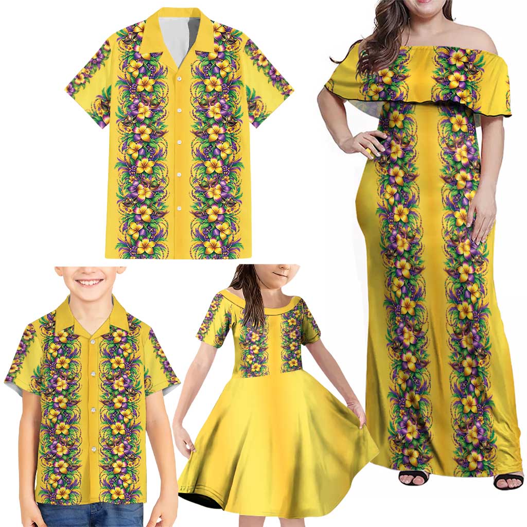 Aloha Hawaii Mardi Gras Family Matching Off Shoulder Maxi Dress and Hawaiian Shirt Gold Style
