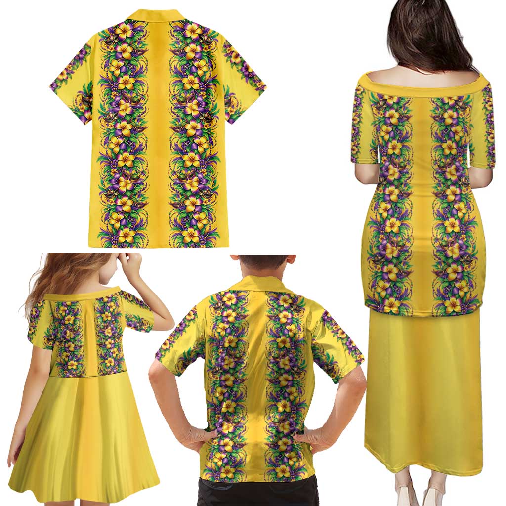 Aloha Hawaii Mardi Gras Family Matching Puletasi and Hawaiian Shirt Gold Style