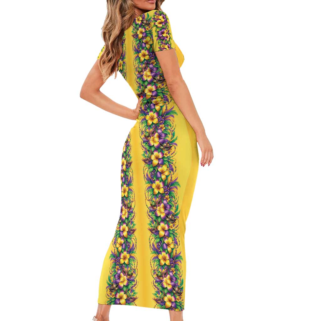 Aloha Hawaii Mardi Gras Family Matching Short Sleeve Bodycon Dress and Hawaiian Shirt Gold Style