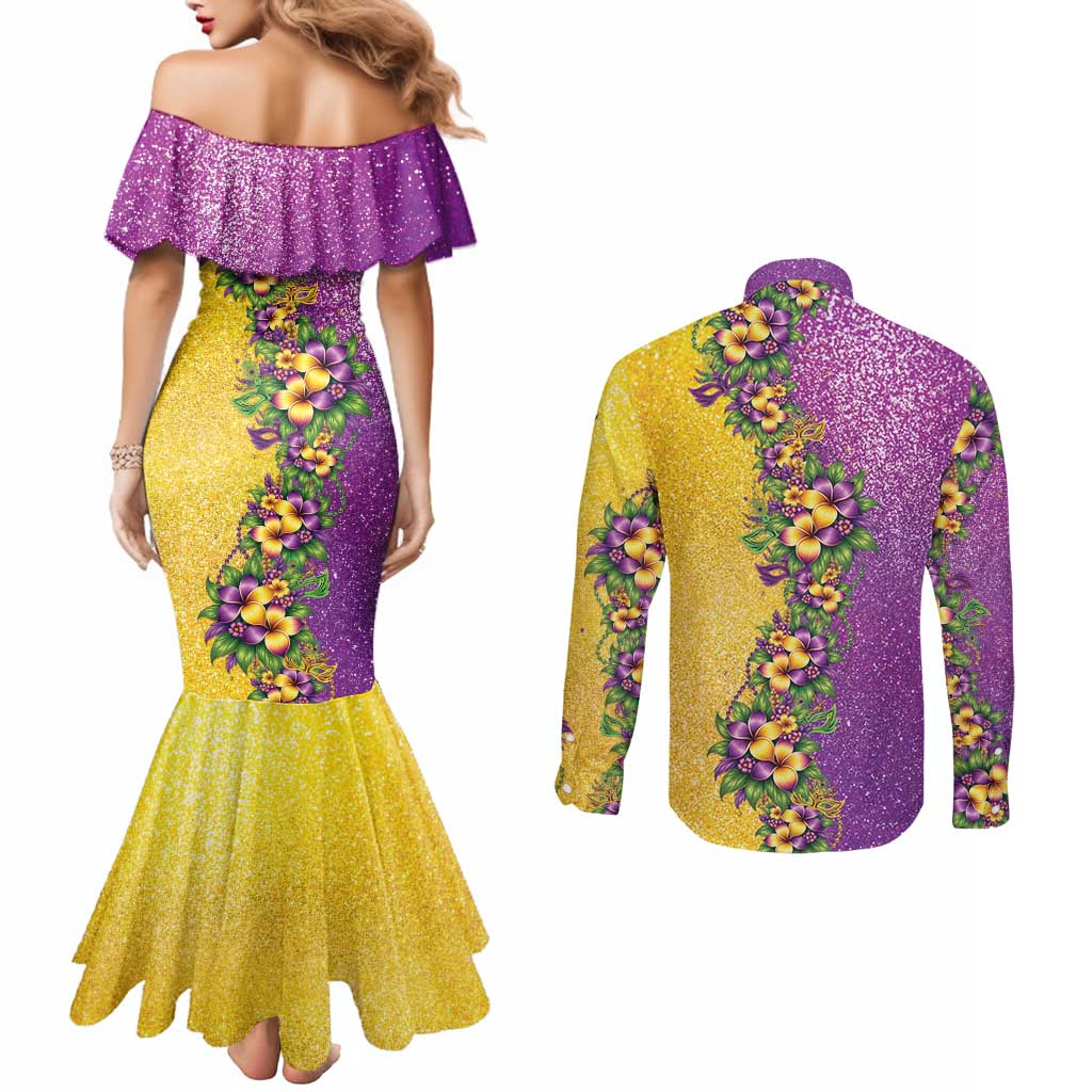 Hawaii Mardi Gras Couples Matching Mermaid Dress and Long Sleeve Button Shirt Plumeria Lei Beads Glitter Style