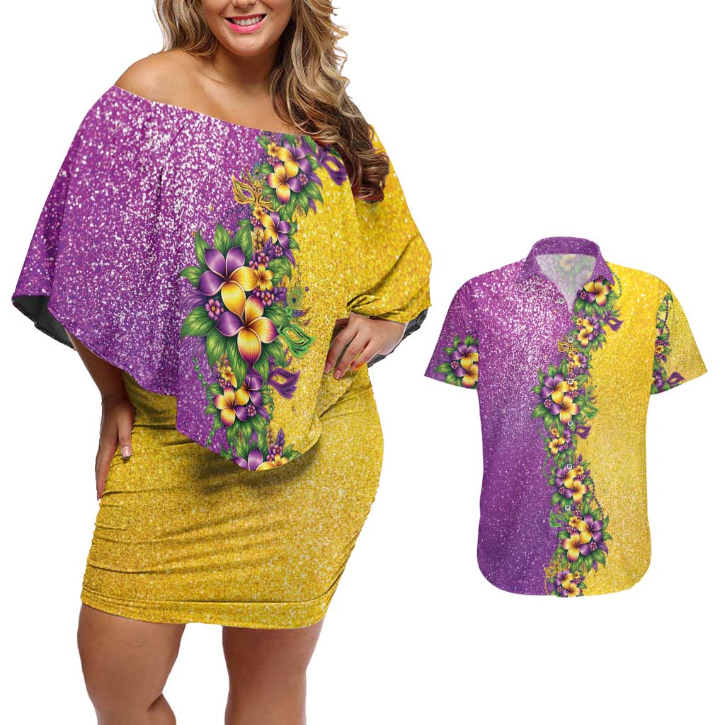 Hawaii Mardi Gras Couples Matching Off Shoulder Short Dress and Hawaiian Shirt Plumeria Lei Beads Glitter Style