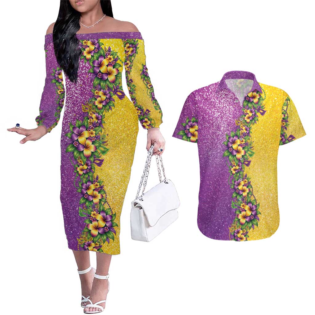 Hawaii Mardi Gras Couples Matching Off The Shoulder Long Sleeve Dress and Hawaiian Shirt Plumeria Lei Beads Glitter Style
