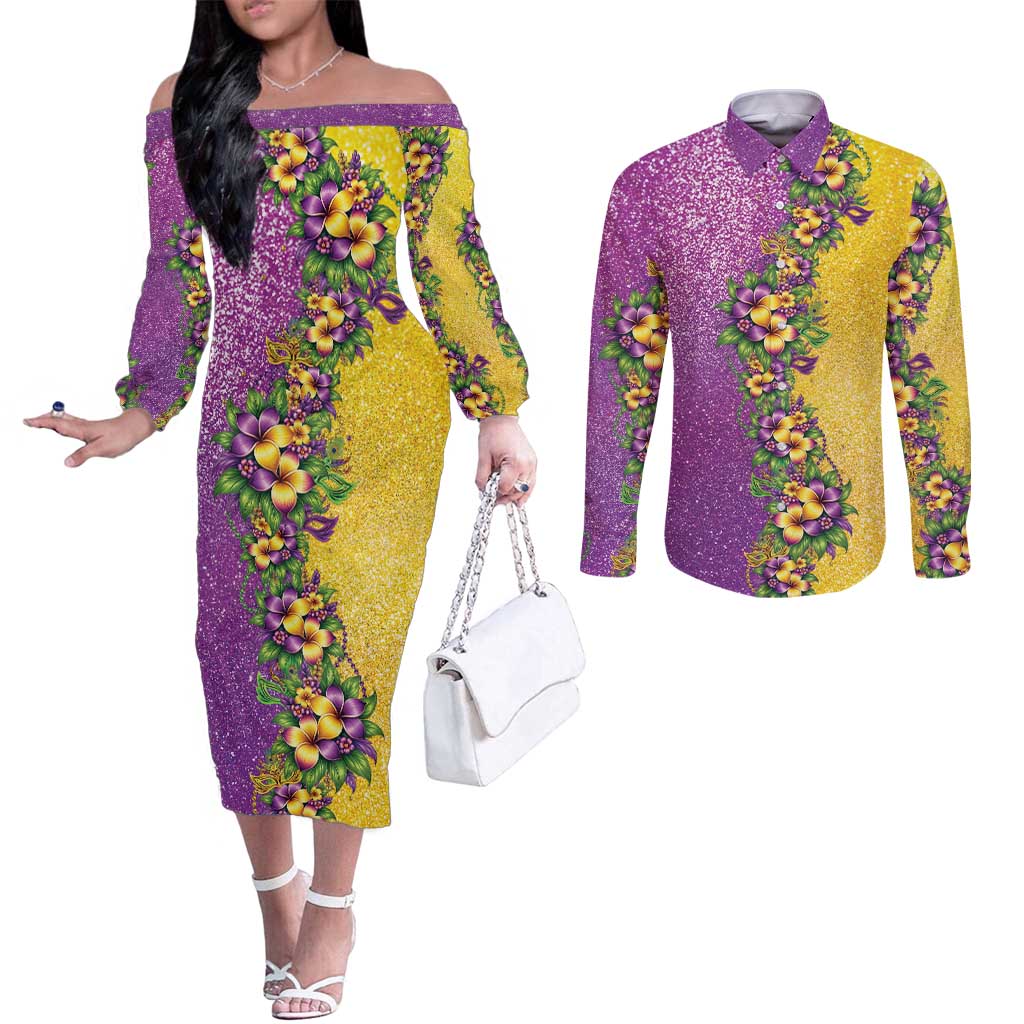 Hawaii Mardi Gras Couples Matching Off The Shoulder Long Sleeve Dress and Long Sleeve Button Shirt Plumeria Lei Beads Glitter Style