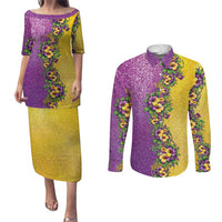 Hawaii Mardi Gras Couples Matching Puletasi and Long Sleeve Button Shirt Plumeria Lei Beads Glitter Style LT05 Colorful - Polynesian Pride